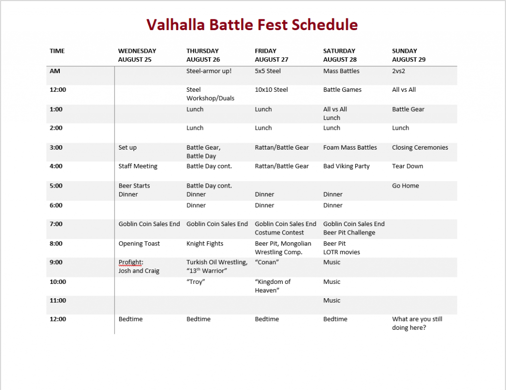 Valhalla Schedule The Knights Hall